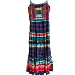 Desigual Rainbow Stripe Embellished Maxi Dress Striaght Cut Flared Size 6-8 M 40